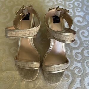 Gold Linen Chunky Heel Sandals